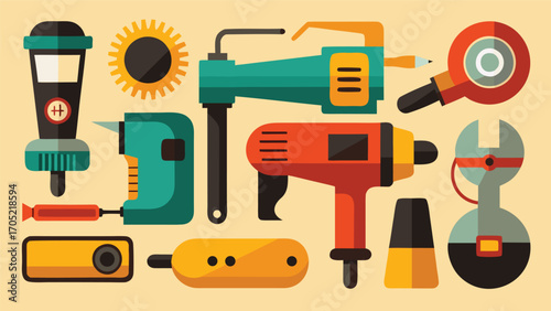 Collection of colorful and diverse hand tools arranged on a light background