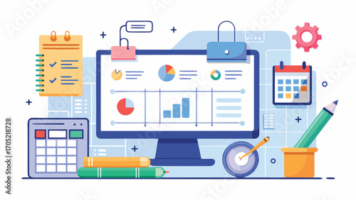 Digital workspace featuring charts, calendar, and tools for efficient task management and productivity enhancement