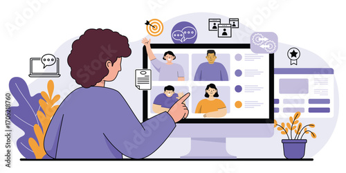Man managing remote team on online video call. Vector illustration