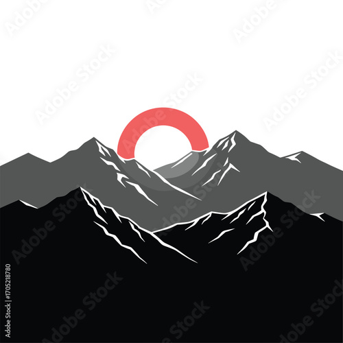Stylized mountain range with a red sun graphic landscape nature