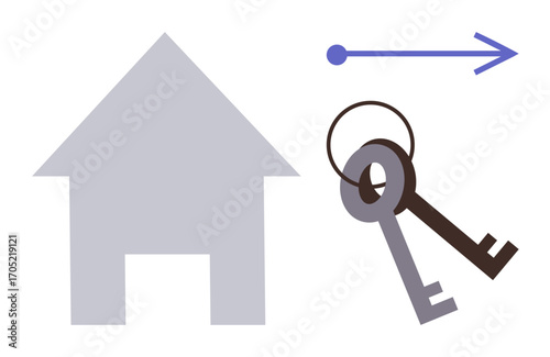 House silhouette, two keys on a ring, and arrow. Ideal for real estate, property transfer, ownership change, moving, home security housing market mortgages. Simple flat metaphor