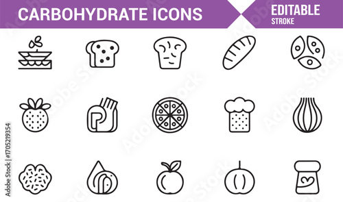 Carbohydrate illustration icons set for healthy eating, dietetics, and nutrition