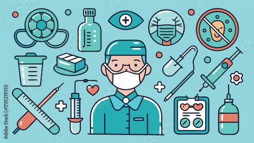 Medical professional surrounded by healthcare symbols in a vibrant, colorful illustration
