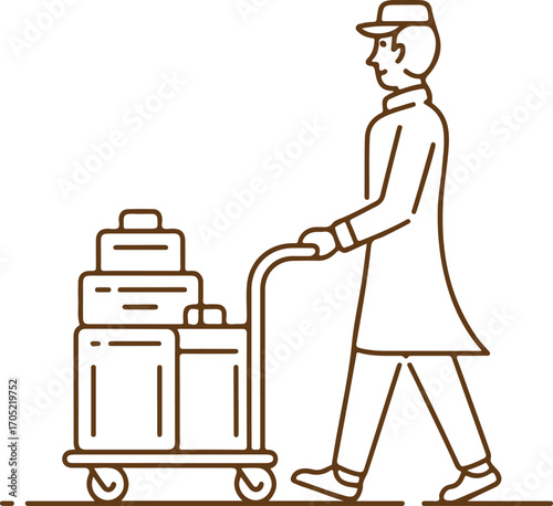 Bellhop pushing luggage cart with suitcases brown outline