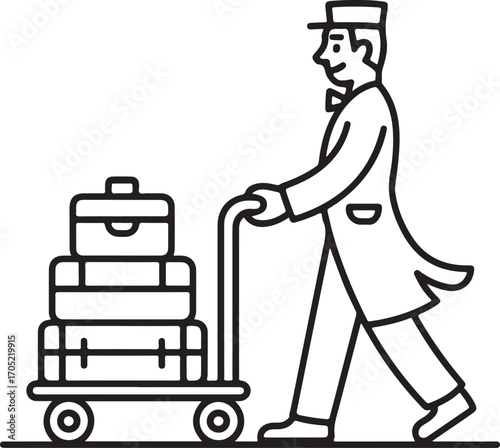 Bellhop with luggage cart black and white icon hotel staff