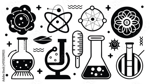 Science-themed graphic featuring laboratory equipment, atomic structures, and floral illustrations in black and white