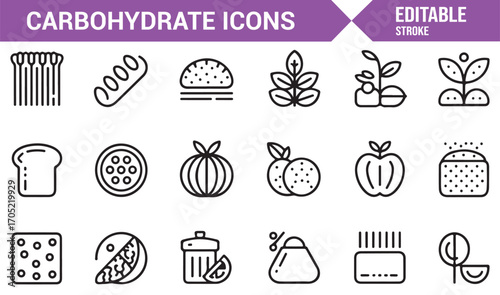 Diet and nutrition carbohydrate food elements in thin line editable vector style