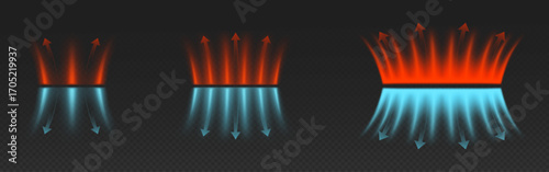 Hot and cold air flow arrows set isolated on transparent background. Vector realistic illustration of red and blue direction signs, conditioner wind stream icons, fresh airflow and heating technology