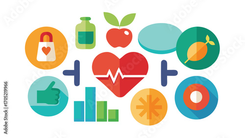 Health and wellness elements illustrated through colorful icons representing nutrition and lifestyle choices