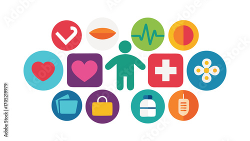 Icons representing health, wellness, and care surrounded by colorful circles in a modern design