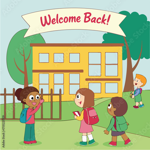 Children happily entering the school building with backpacks showing education, learning, and friendship concept