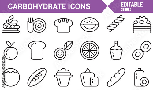 Carbohydrate rich foods icon set with bakery, fruit, and cereal outline illustrations
