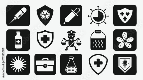 Collection of black and white medical and health symbols used in various healthcare contexts