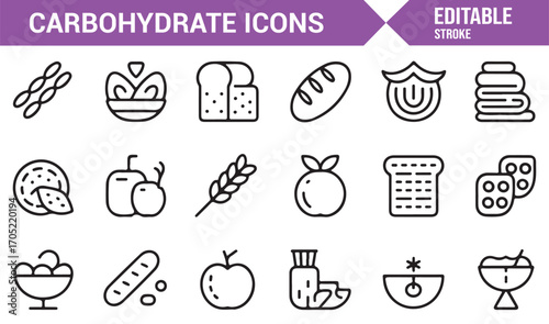 Nutrition food line icons pack representing carbohydrates in cooking and health
