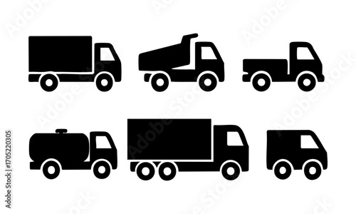 Trucks and Cargo Vehicles Flat Vector Icon Set – Logistics and Transport