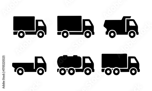 Trucks and Cargo Vehicles Flat Vector Icon Set – Logistics and Transport