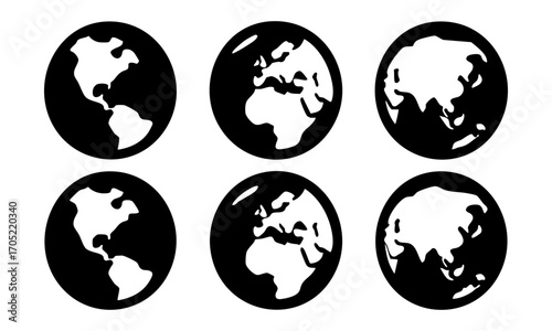 Earth and Globe Flat Vector Icon Set – Continents and World Maps
