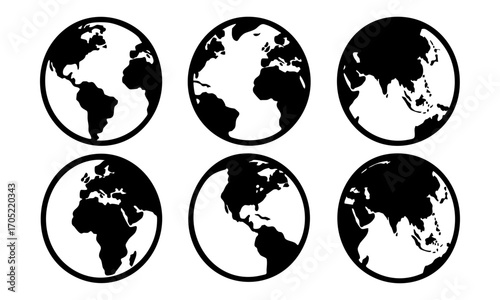 Earth and Globe Flat Vector Icon Set – Continents and World Maps