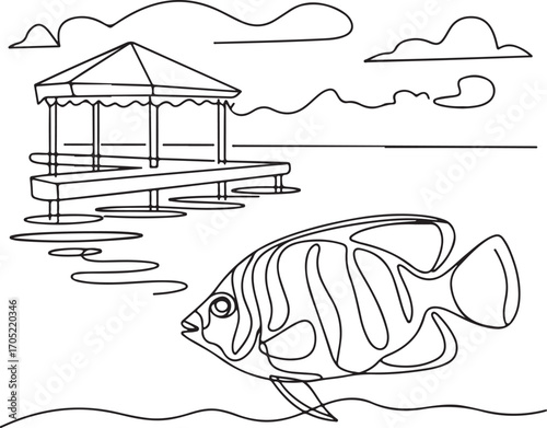 Black Line Art Fish and Gazebo on Pier marine life