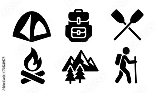 Camping and Hiking Flat Vector Icon Set – Outdoor Adventure