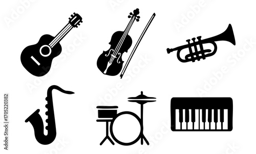 Musical Instruments Flat Vector Icon Set – Guitar, Violin, Drums, Piano