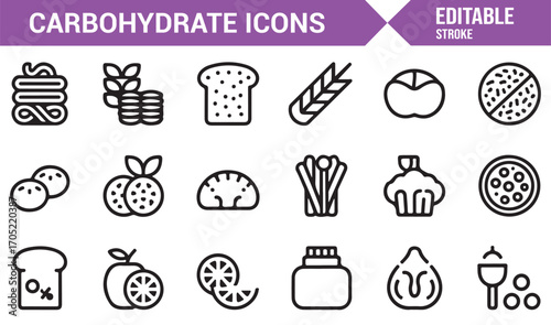 Editable stroke carbohydrate icons including bread, pasta, pizza, and vegetables