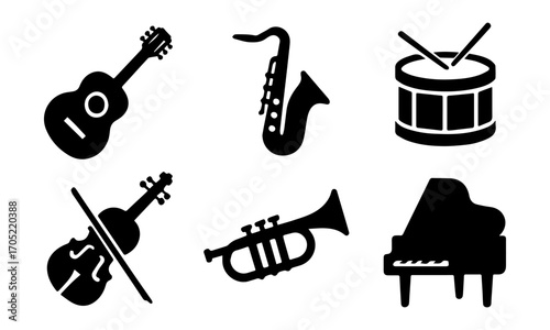 Musical Instruments Flat Vector Icon Set – Guitar, Violin, Drums, Piano