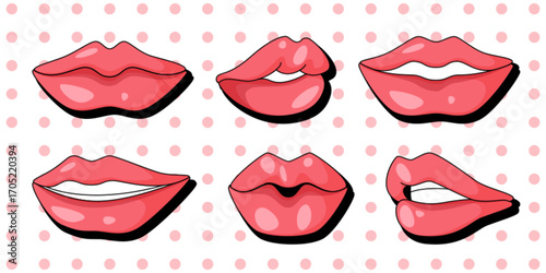 Red retro sexy mouth expressions with glossy lips on polka dot background for pop art or beauty designs in 90s aesthetic. Different poses with white teeth, smile and kiss gesture for cosmetic branding