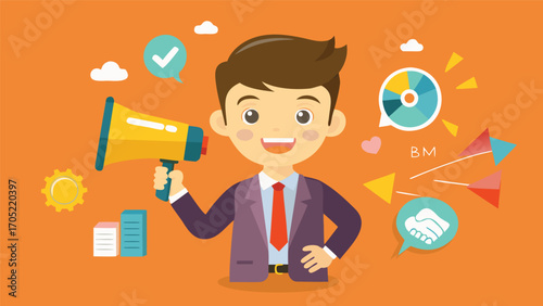 Person holds megaphone and smiles while promoting ideas in a vibrant digital setting showcasing marketing concepts