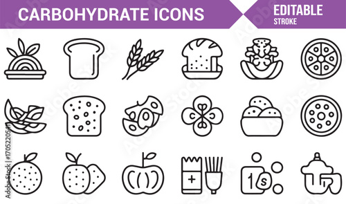 Healthy carbohydrate food icons collection in outline style for diet and wellness projects