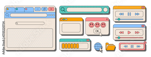 Colorful retro ui interface elements with browser windows, media players and pop ups for nostalgic web design. Search bars and buttons, sliders and folder icon for vintage digital applications.