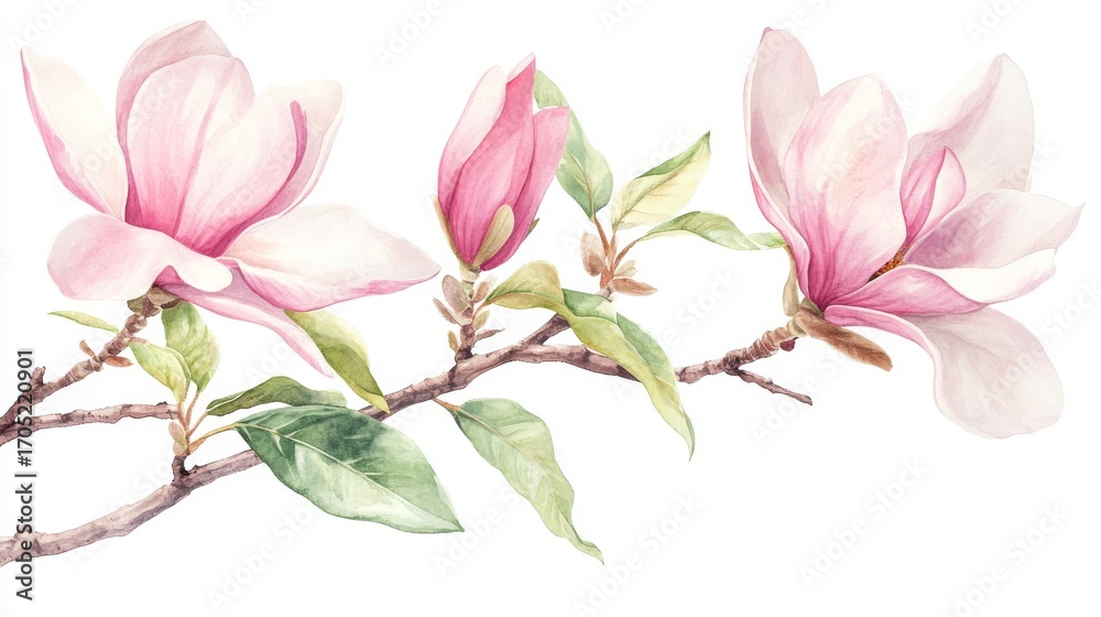 Obraz premium 28.A vibrant watercolor vector illustration of blooming pink magnolia flowers on a tree branch. The soft, light pink petals contrast beautifully with the rich green leaves, creating a fresh and