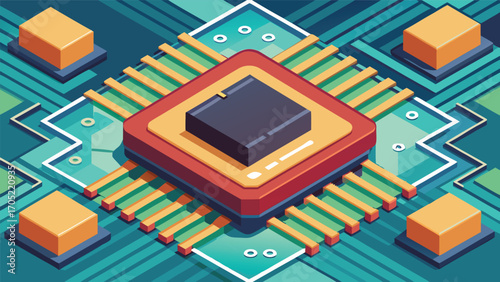Digital design of a microprocessor on a circuit board showcasing intricate details and vibrant colors