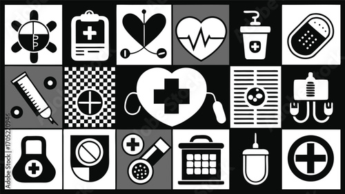 Health care symbols and icons displayed in a creative graphic design arrangement for wellness concepts