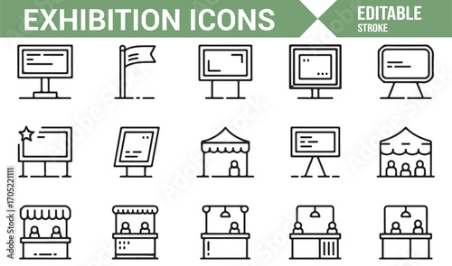 Editable vector icons of exhibition displays for business events and marketing projects