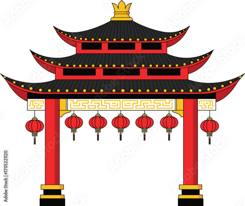 East Asian gate, traditional architecture, red columns, lanterns hanging, pagoda roof, cultural pavilion, cartoon illustration, festival decor, temple entrance, heritage design