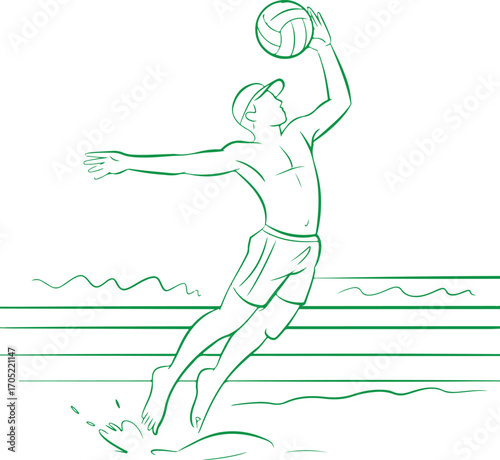 Green line art beach volleyball player jumping to hit ball