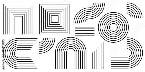 Geometric line patterns with arch and rainbow shapes for minimalist design - squares and circles, curves and parallel strokes. Black outlines on white for modern branding or architectural graphics.