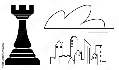 Chess rook alongside minimalistic urban skyline and curved cloud lines. Ideal for strategy, planning, innovation, competition, architecture, urban development, decision-making concepts. Simple flat