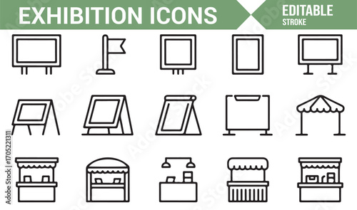 Outline style exhibition elements including stands, signage, tents, and kiosks