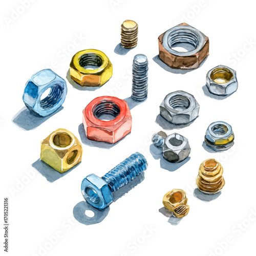 watercolor vector of Nuts And Bolts, isolated on a white background.
