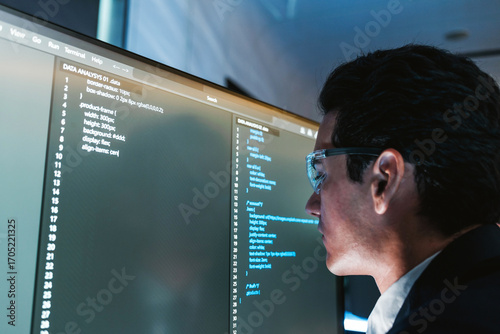 Fotografi Software developer wearing glasses focuses on code displayed on a large monitor in a modern office, reviewing and debugging source files on a wide screen workstation