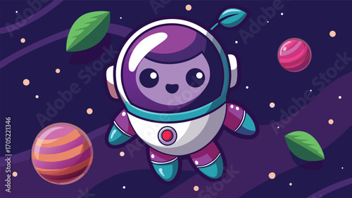 Cute space explorer character in vibrant colors floating among colorful planets and leaves