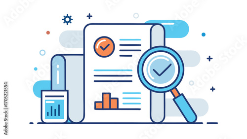 Business report display with analytics and research tools in a modern illustration