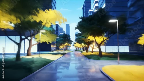 Stylized urban landscape with trees and modern architecture in vibrant colors and smooth animation