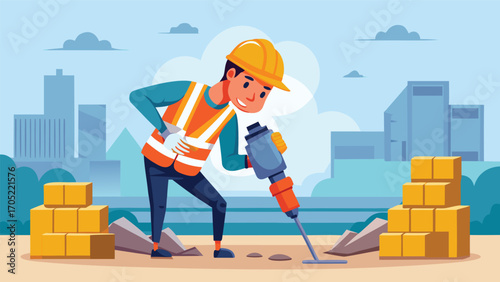 Construction worker using a jackhammer to break ground in an urban setting during the day