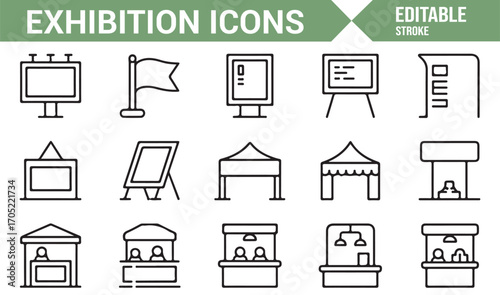 Trade show and exhibition line icons collection with display stands and pavilions