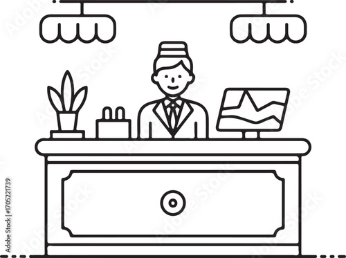 Hotel Receptionist at Desk with Plant and Computer