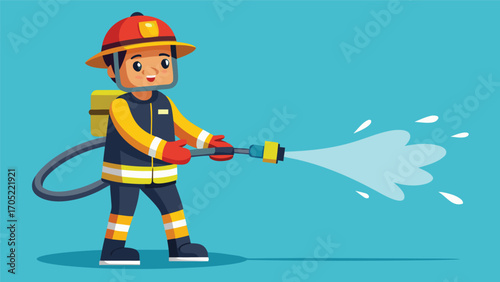Young firefighter sprays water, demonstrating courage and service in a cheerful cartoon setting