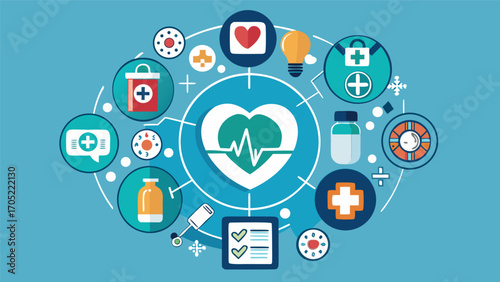 Visual representation of healthcare concepts and tools on a blue background showcasing interconnected elements